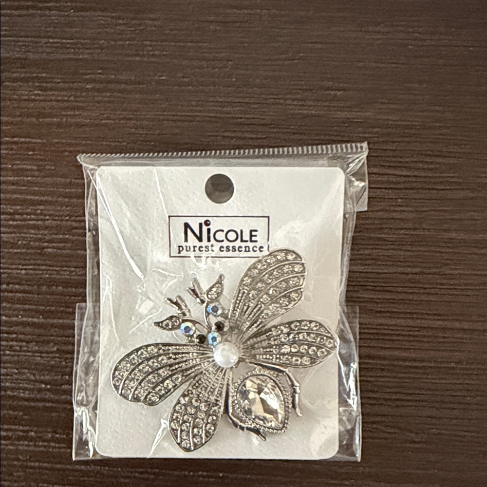 Nicole Silver Butterfly Brooch with Clear Crystal Accents